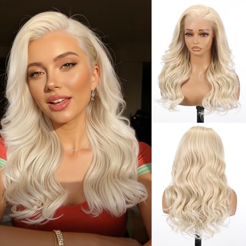Allbell Perruque Lace Front 13x6 blonde avec mèches pour femmes noires, perruque HD synthétique glueless, cheveux ondulés de 22 pouces