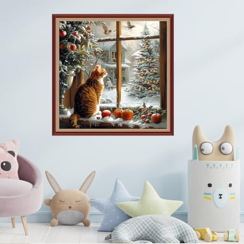 Image of Fanxvivy Stamped Cross Stitch Kits for Beginners Full Range of Cross Stitching Preprinted Embroidery Kits for Adults, 11CT Embroidery Pattern Needlepoint Kits-Cat Snowy Scenery 18x18 inch