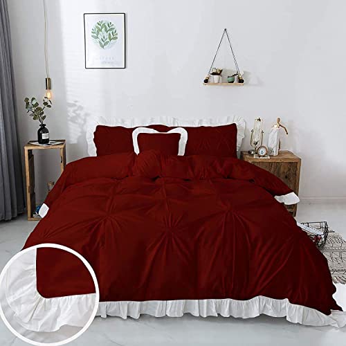 Image of 300 TC Pinch Ruffle 2 Tone Duvet /Razai /Blanket Cover with 2 Pillow Cover- 100% Cotton (Zipper Closure) Razai Cover 3 PC Set, Soft & Lightweight-Single Size White /Burgundy