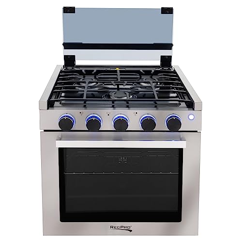 Image of RecPro RV Stove | Gas Range 21 inch Tall | 3 Burner | 1.8 Cu. Ft | 7100 BTU | Optional Vented Range Hood | Black or Silver Color Options (Silver, with Vented Range Hood)