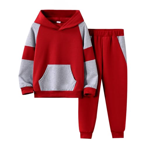 Image of 5-11Y Boys Clothes Long Sleeve Hooded Pullover Colorblock Sweatshirt + Pants 2pcs Fall Winter Outfit Set