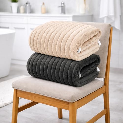 Image of MAXOSHINE Microfiber Towels for Bath-Stripes Bath Towel for Men and Women-Soft Coral Fleece Zero Twist Towel with Hook 400 GSM Quick Dry Super Absorbent-70 x 140 cm (2, Grey /Beige)