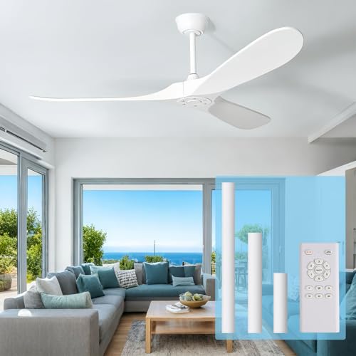 White Modern 52 Inch Outdoor Ceiling Fan with Remote, Wood 3 Blade High CFM Wet Rated Ceiling Fans for Patios Porch Gazebo -Propeller Ceiling Fan for Indoor Living Room Bedroom Kitchen