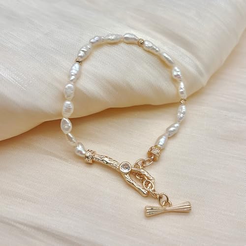 14k Gold Pearl Bracelets for Women with Natural Freshwater Pearls, Dainty Fashionable Gold Bangle Bracelets, Hypoallergenic Gold Jewelry Accessories for Women4