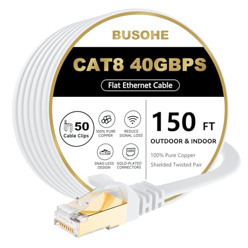 BUSOHE Cat 8 Ethernet Cable 150 FT, 40Gbps 2000Mhz High Speed Flat Cat8 Cable Patch Cord with Gold-Plated RJ45 Connector, LAN Network Internet Cable with 50 Clips for Router/Gaming/Computer, S/FTP