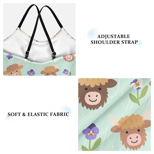 senya Girls Swimsuits One-Piece Swimwear Tie Bathing Suit Beach Summer Round Neck 5-6T Cartoon Highland Cattle Flowers Pattern3