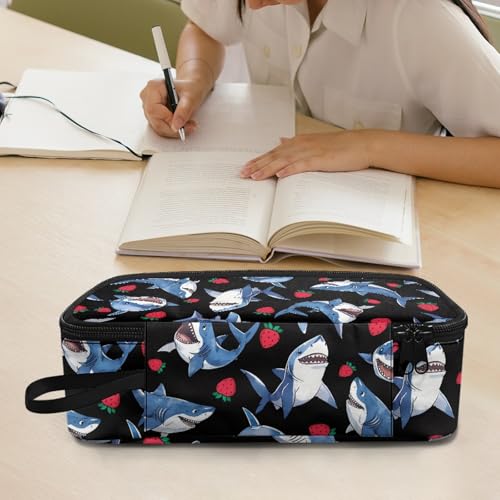 Image of Kids Pencil Case Shark Strawberries Pencil Pouch Large Storage,Black Pencil Bag for Boys Girls Lightweight Pencil Container for Preschool Elementary Children Pencil Box for Daily Study