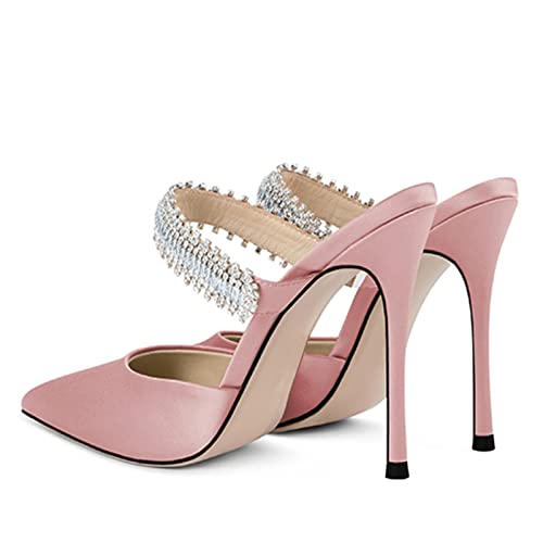 Women Heeled Mules Rhinestone Embellished Strap Pointed Toe Mules Satin Stiletto High Heels Slip On Bridal Sandals for Women3