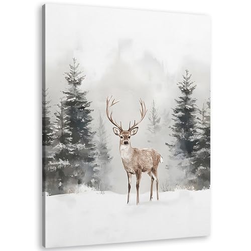 TLESKE Winter Snowy Woodland Deer Reindeer Wall Art Decor, Snowy