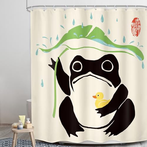 Lghtyro Funny Frog Shower Curtain Bathroom Set 60Wx71H Inches Asian Duck Traditional Art Japanese Cute Animal Taking Lotus Leaf Rain Bath Accessories Lovely Art Home Decor Fabric 12 Pack Hooks thumb #2