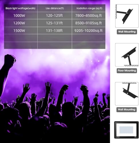 Image of YANYCN 1500W 2 Pack LED Black Light,385nm to 405nm Big UV Flood Blacklight, IP66 Waterproof Black Light Outdoor with Plug and Switch,Neon Glow for Fluorescent Poster, Body Paint,Halloween,Glow Party
