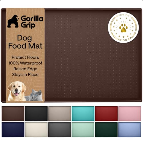 Image of GORILLA GRIP 100% Waterproof Raised Edge BPA Free Silicone Pet Feeding Mat, Dog Cat Food Mats Contain Spills Protects Floors, Placemats for Cats and Dogs Water Bowl, Pets Accessories 16x10, Brown