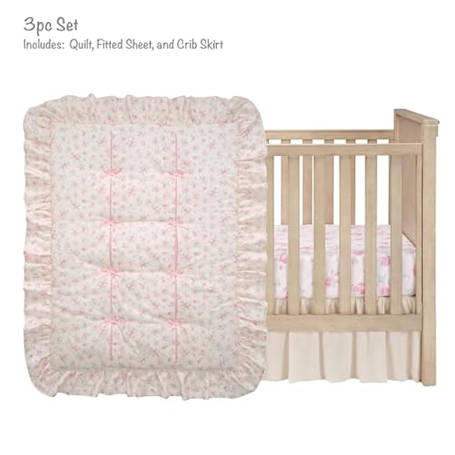 Lambs & Ivy Coquette Floral Pink Bows Aesthetic 3-Piece Baby Crib Bedding Set