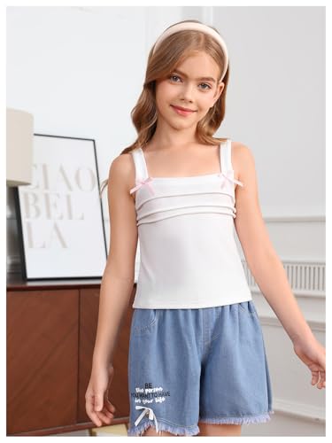 SHENHE Girl's Square Neck Bow Tank Pleated Wide Strap Sleeveless Cute Summer Holiday Top4