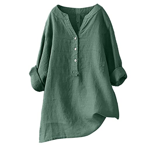 Damen Longbluse,Leinen Tunika,Damen Sommer Leinen Long Bluse Top Langarm Bluse mit Knöpfen Hals T-Shirt Große Größen Casual Tunika Elegant Casual Vintage Style Oversized Shirt Bluse,Grün,M