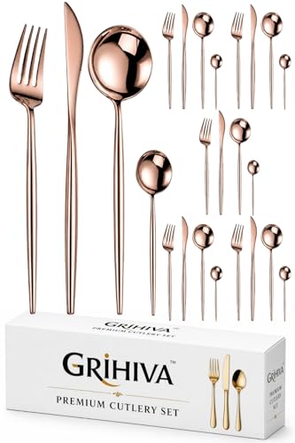 Image of 24 Pcs Rosegold Slim Handle Stainless Steel Cutlery Set for Dining Table with Spoons and Forks Set + Butterknives - The Perfect Tableware /Flatware