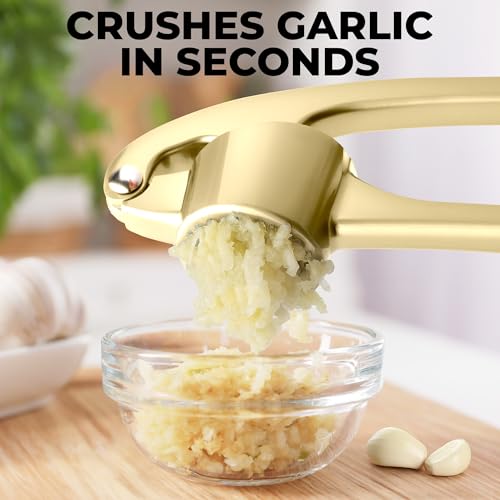 Image of Zulay Kitchen Large Premium Garlic Press Set - Bigger Bowl for Bigger Garlic - Rust Proof Garlic Mincer Tool - Easy-Squeeze, Easy-Clean Silicone Garlic Peeler & Brush (Gold)
