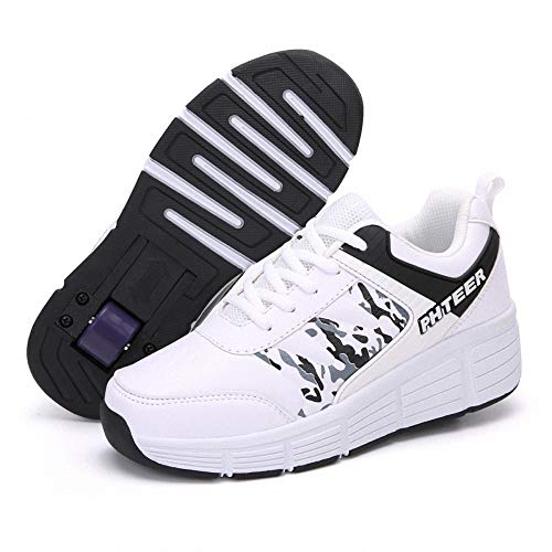 Miarui Zapatos con Ruedas para niños Zapatos de Ruedas Roller Skates Zapatillas de Skate con Ruedas Zapatos con Ruedas Automática Calzado de Skateboarding con Automática Ruedas Ajustables,Blanco,39