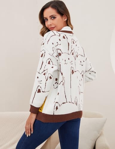 Image of Gihuo Women Cat Sweater Oversized Cute Kawaii Cardigan Knit Graphic V Neck Loose Fit Long Sleeve Cardigan Coat