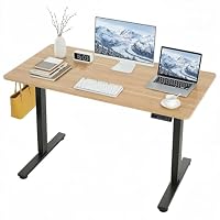 JFHID Electric Standing Desk 120x60cm, Height Adjustable Sit Stand Desk, Ergonomic Computer Desk for Home Office, Gaming Desk, Study Table with Hooks (Black Frame + Yellow Walnut Desktop)