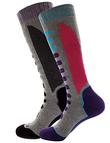 Wantdo Women Knee-High Moisture Wicking Outdoor Hiking Socks Purple/Grey 2-Pack