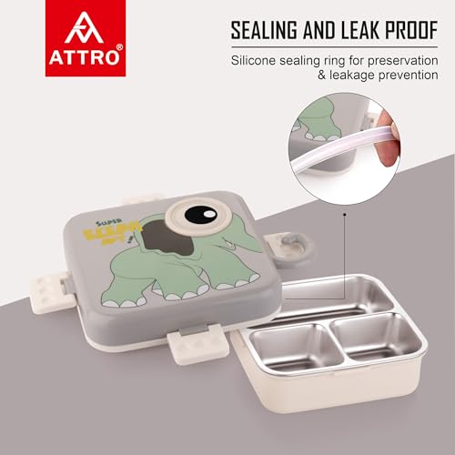 Image of ATTRO Carnival Super Elephant Lunch Box 2 Layer Stainless Steel Lunch Box Comes with 1 Detachable Tray, 1 Small Container & 1 Spoon Ideal for Kids BPA Free 1120ml+70ml- Grey