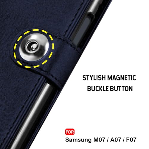 Image of TheGiftKart Flip Cover Back Case for Samsung Galaxy M07 / F07 | Genuine Leather Finish | Designer Button | Inbuilt Pockets & Stand | Wallet Style Flip Back Cover Case (Faux Leather, Blue)