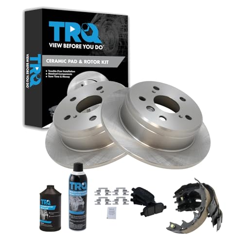 Image of TRQ Rear Brake Pad & Rotor Kit, with Chemical Kit Parking Brake Shoe Set Ceramic Compatible with 2000-2001 Toyota Camry 1999-2003 Solara