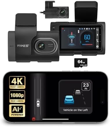 Type S T400 AI-Powered Driver Assistance 4K Dash Cam with ADAS, Collision Warnings, Lane and Pedestrian Detection, Vehicle Departure Reminders, Front Rear Smart Incident Video Surveillance, SD Card