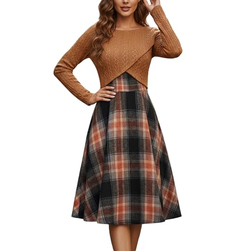 Generisch Zweiteiliges Strickoberteil Langarm mit Karo Kleid Set Elegante Kombination für vielfältige Anlässe (Bronze, XXL)