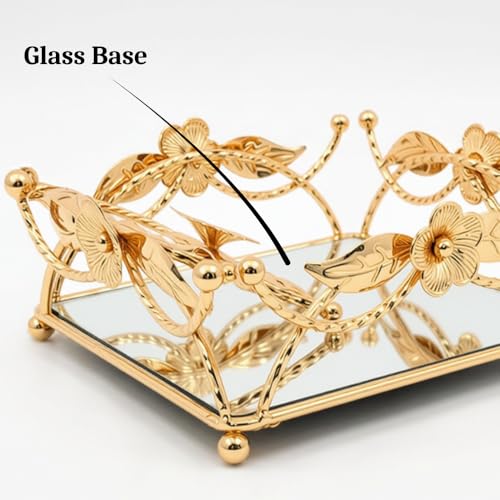 Image of Gold Floral Metal Napkin Holder with Mirror Base, Decorative Flower and Leaf Design, Elegant Table Decor