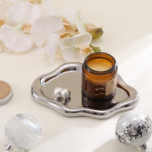Image of CCINPPY Ceramic Jewelry Tray Trinket Dish, Decorative Cloud Vanity Key Tray for Women, Ring Holder Dish, Cute Jewelry Plate Bowl Room Decor Aesthetic, Silver, Large