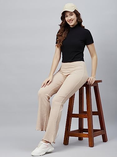 Image of BLINKIN Women's Stretch Fit Mid Rise Ribbed Stretchable Flared Pants | Boot Cut Bell Bottom Pants - Ideal for Yoga & Gym Wear, Casual Wear & Office Wear Trousers