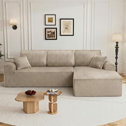 Image of 110 inch L Shaped Boneless Sectional Couches for Living Room, Comfy Corduroy Floor Cloud Sofa with Chaise, Wide Armrest, Deep Seat, Memory Foam, Assembly Free, Ideal for Small Spaces, Brown