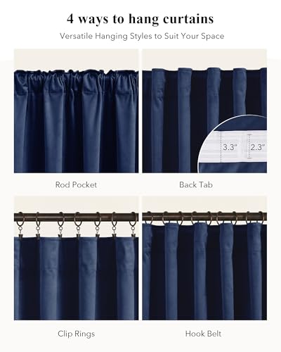 Image of Navy Blue Velvet Extra Curtains for Living Room, W52xL120, 2 Panels | 300GSM Soft Velvet, Thermal Insulated, Back Tab Curtain Panels Elegant Decor, Window Drapes for Dining Room, Kitchen, Office