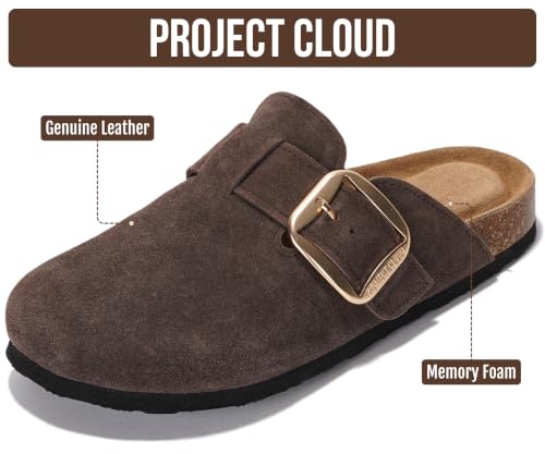 Image of Project Cloud 100% Genuine Leather Clogs for Women Shoes - Memory Foam Insole, Non-Slip & Natural Cork Footbed Arch Support Big Buckle Womens Clogs and Mules Footwear (Manchester)