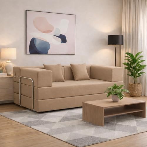 Image of Adorn India Easy Premium Modular 4 Seater Sofa Cum Bed | Velvet Suede Fabric | Colour Camel | Modern Design | Size 6x6 Fit | Comfortable for Seat & Sleep | Washable Cover | Perfect for Home & Office