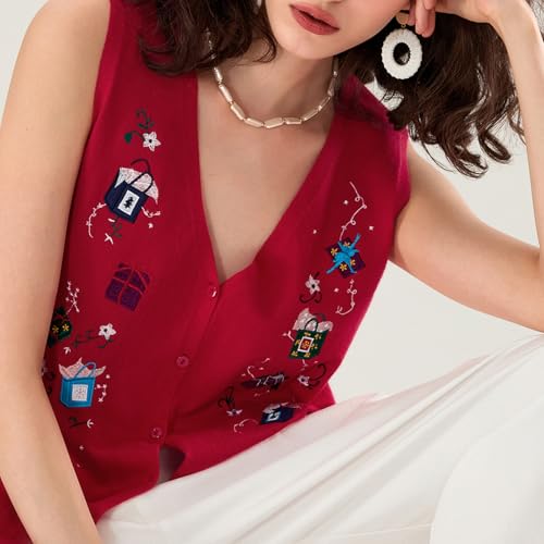 Image of Women Christmas Knit Vest Top Santa Embroidery Sleeveless Button Down Sweater Vest Xmas Snowman Cardigans Tank Top