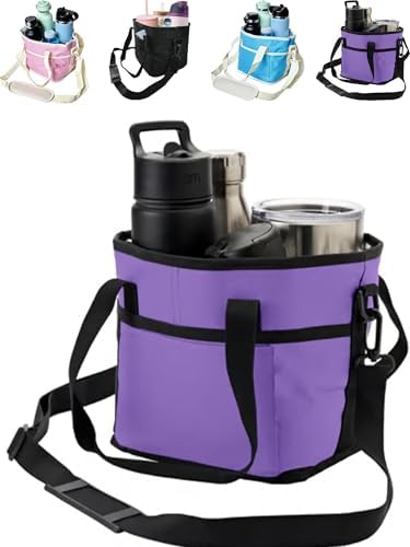 Family Size 4 Compartment Insulated Drink Carrier Bag Reusable 4 Cup Tumbler Caddy with Adjustable Strap Divider Multi Water Bottle Holder for Hiking Daily Delivery Hot Cold Beverages (Purple)