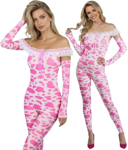 Image of ToBeInStyle Women's Cow Print Thigh High Stocking Bessie The Cow Costume Nylon Bodystocking Cosplay