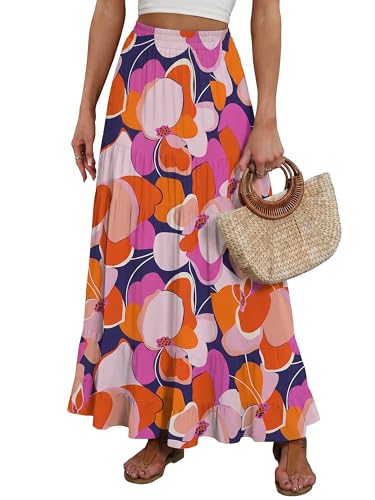 Image of ANRABESS Womens Maxi Skirt Elastic High Waist Swing Tiered A-line Flowy Pleated Boho Beach Vacation Long Skirts