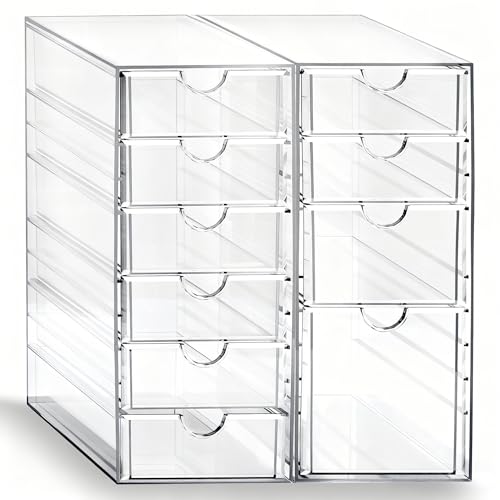 Prsildan Acrylic Drawer Makeup Organizer with 10 Drawers, Set of 2 Office Desk Organizers Accessories, Clear Stackable Storage Drawers for Vanity, Countertop, Craft, Jewelry, Art Supply Organization