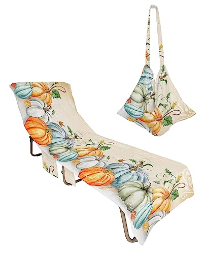 Newspaper Pumpkins, Beach Lounge Chair Towel Cover, Soft Chaise Lounge Towel with Side Pockets Patio Pool Chairs Cover for Beach/Pool Sunbathing 29x85 Vintage Elegant Fall Thanksgiving Leaves