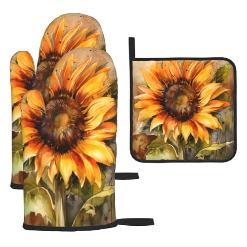 Lot de 3 maniques et maniques 3D en forme de tournesol - Imperméables et résistants à la chaleur - Pour four à micro-ondes - Gants de cuisine et coussinets chauds