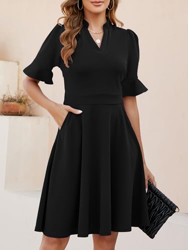 Mokayee Womens Summer V Neck Ruffle Short Sleeve Fit and Flare Knee Length Church Wedding Guest Dresses with Pockets4