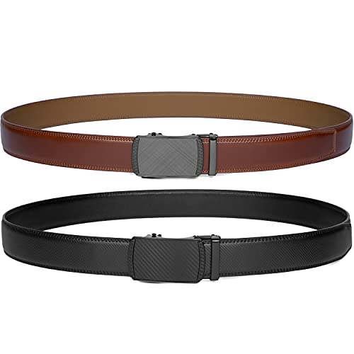 Image of Founders & C Mens Belt 2 Pack,Leather Ratchet Click Belt Dress with Slide Buckle 1 3 /8 inch in Gift Set Box- Size Adjustable