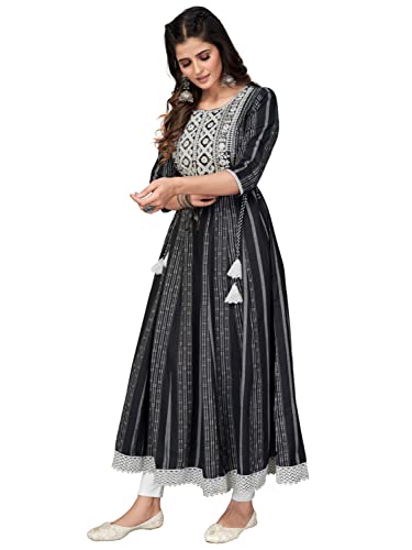 Image of Vbuyz Women's Cotton Blend Print & Embroidered Anarkali Stitched Kurta