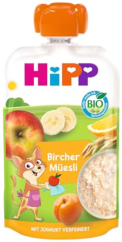 HiPP Bio Quetschie Bircher Müesli - Kathie Katze (6 x 100g), ab 1 Jahr, Früchte mit Vollkorn & Joghurt, ohne Zuckerzusatz, in bester Bio-Qualität