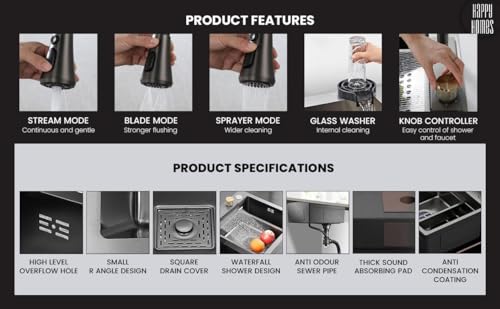 Image of HAPPY HOMES 304 Stainless Steel Kitchen Sink 24X18X10 With Integrated Waterfall And Pull Down Faucet-Fruit Basket With Complete Accessories,Black [PRO]
