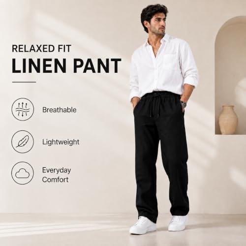 Image of Linen Pants for man || Relaxed Fit Casual Trousers for Men || Men's Lightweight Breathable Pants || Elastic Waist with Drawstring || All Season Pant for Regular, Travel & Office Wear